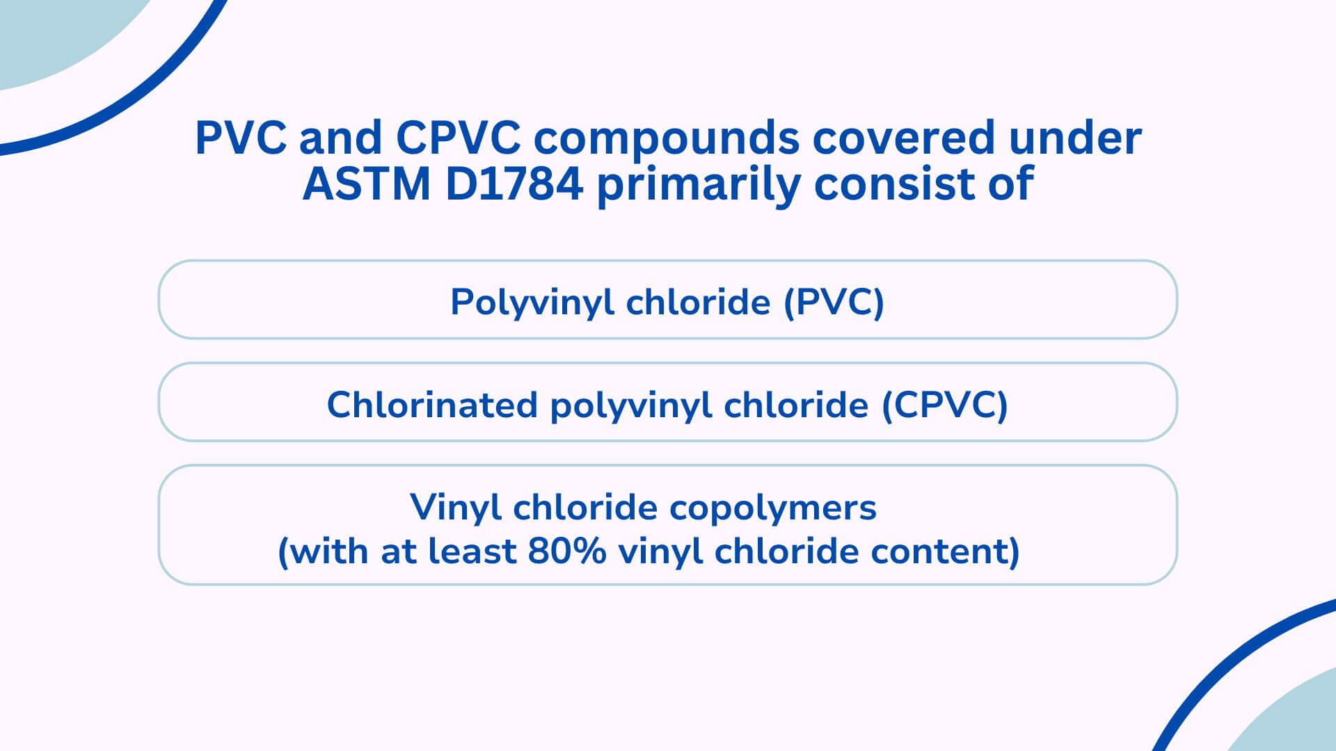 PVC and CPVC compounds covered under ASTM D1784 primarily consist